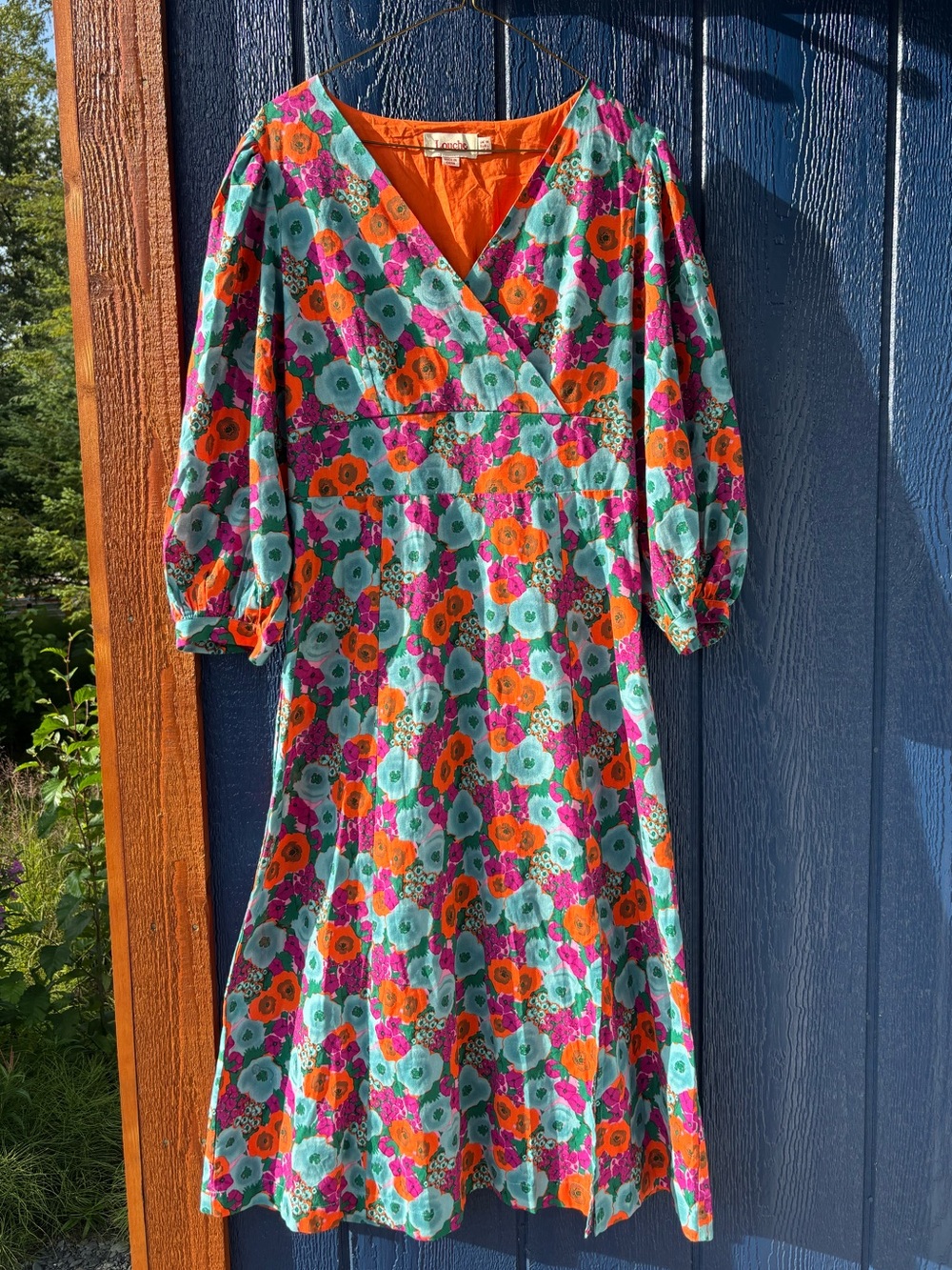 Louche London Vibrant Floral V‑Neck Cotton Ruched Midi Dress US 10 Cottagecore